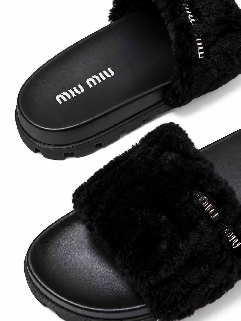 Miu Miu Montone Matelassé Black Shearling Platform Slides 38.5